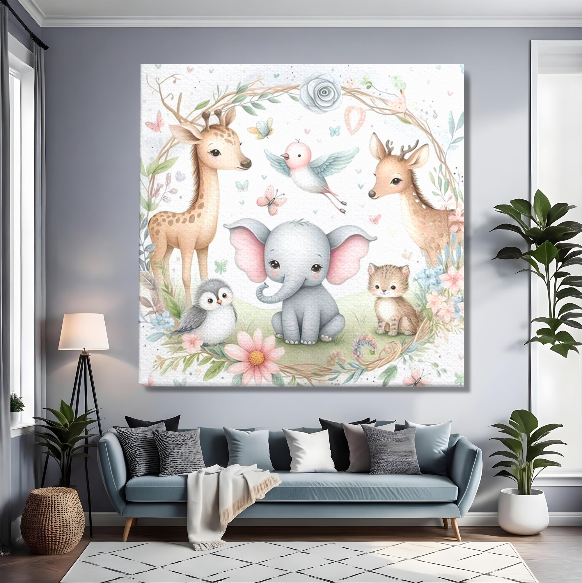 Tablou canvas cu tablou canvas cu animale si flori, fara rama, pe sasiu de lemn, pe perete intr-un living